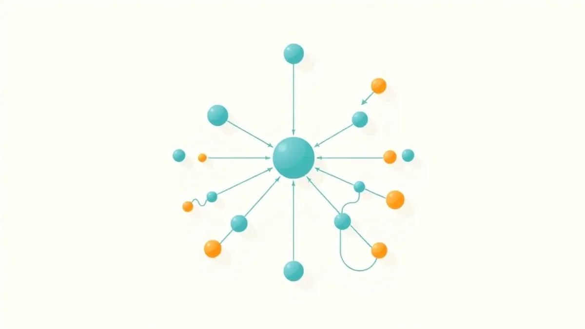 A hub-and-spoke network diagram with one central node and many surrounding nodes of varying sizes — illustration for Best CPA Networks in 2026: How to Choose and Get Approved