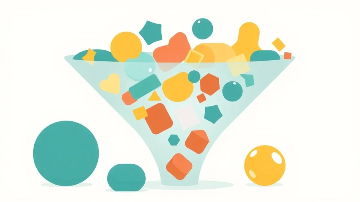 A sorting funnel where varied shapes enter the top and only matching shapes exit the bottom — illustration for Best CPA Offers to Promote in 2026 (By Vertical and Traffic Type)