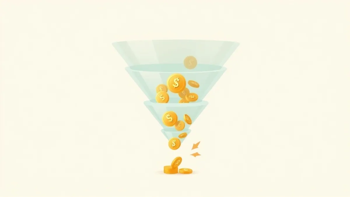 An abstract funnel diagram made of five stacked translucent layers descending in size — illustration for CommissionOS OTOs and Upsells: All 5 Explained (2026)