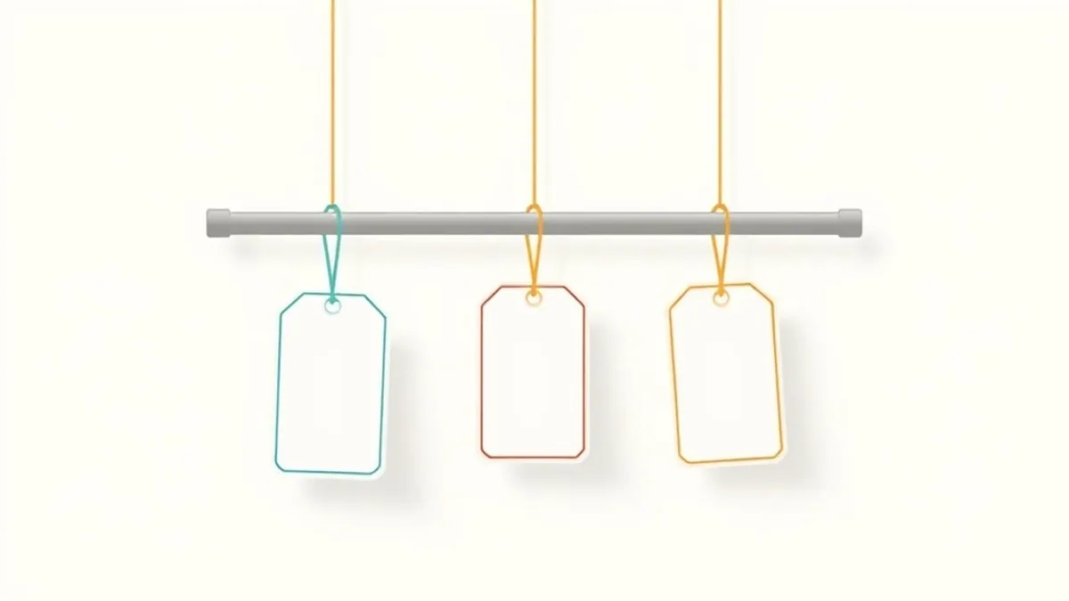 Three price tags of different sizes hanging from a horizontal bar — illustration for CommissionOS Price: Is the $247 Bundle Worth It vs the $27 Front End?