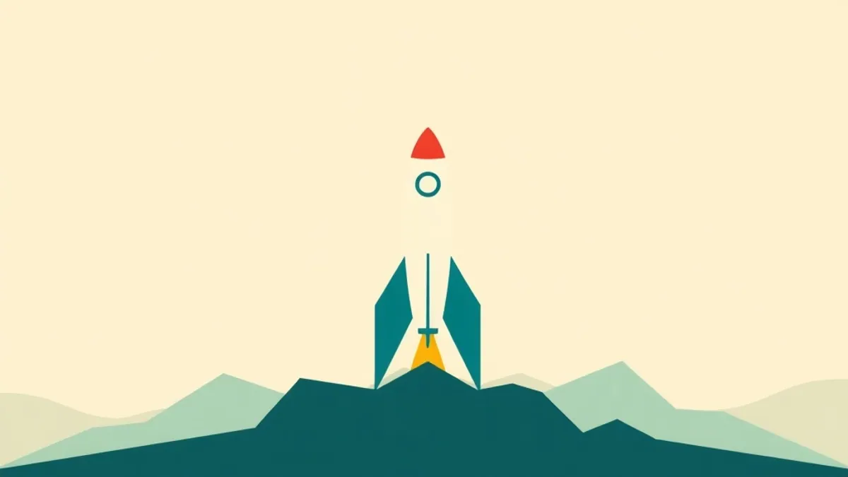 A rocket silhouette on a launch pad made of simple geometric forms — illustration for CPA Marketing for Beginners: A Step-by-Step Start (No Experience)