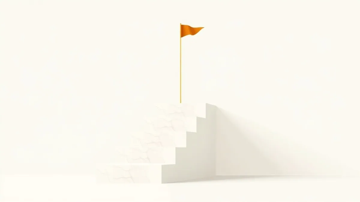A staircase of five ascending blocks with a small flag planted at the top step — illustration for CPA Marketing for Beginners: A Step-by-Step Start (No Experience)