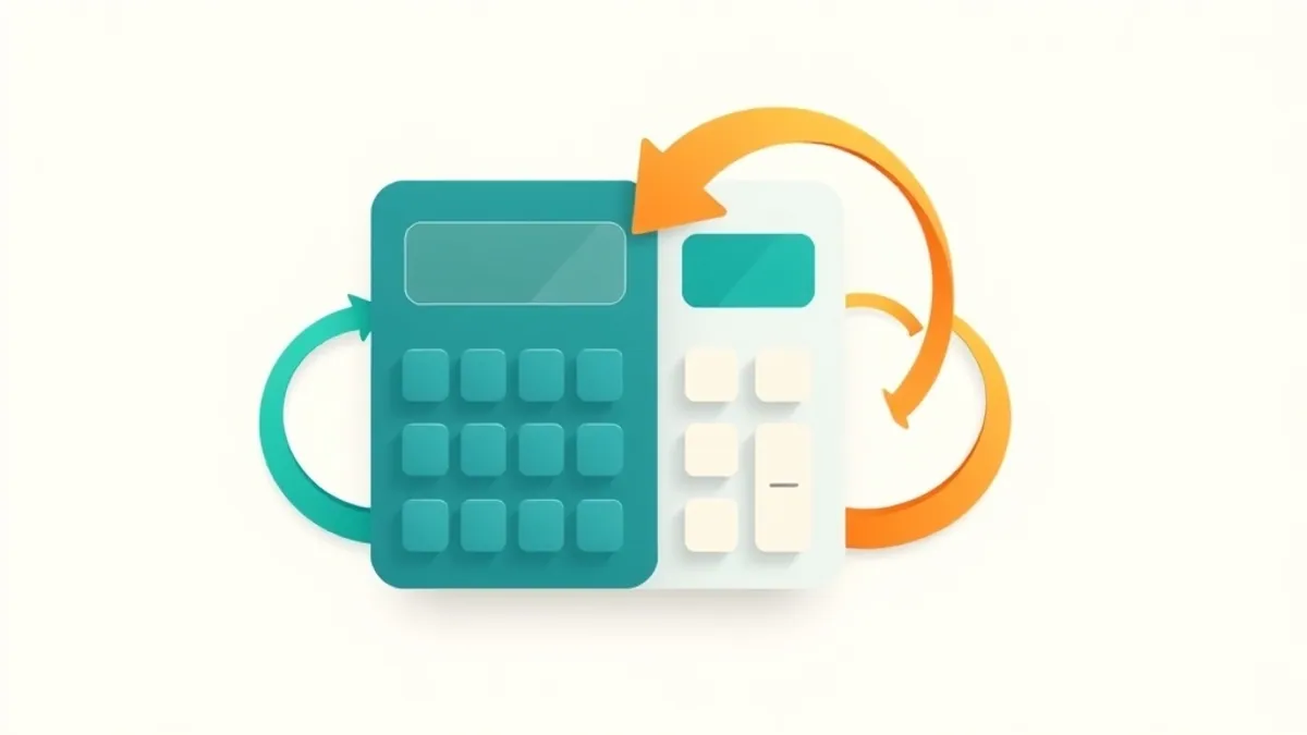 A calculator abstraction with flowing arrows converting one shape into another — illustration for CPM vs CPC vs CPA vs CPL: Ad Pricing Models Explained