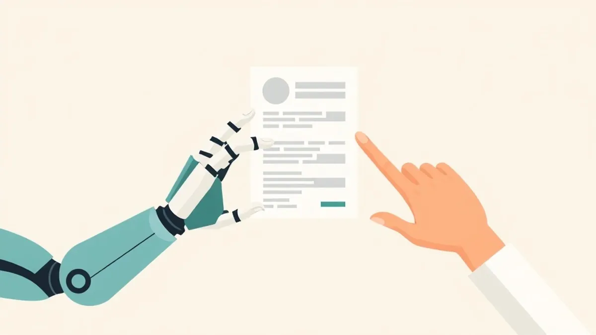 A robot arm form and a human hand form both reaching toward the same document panel — illustration for Does AI-Generated Traffic Content Actually Convert?