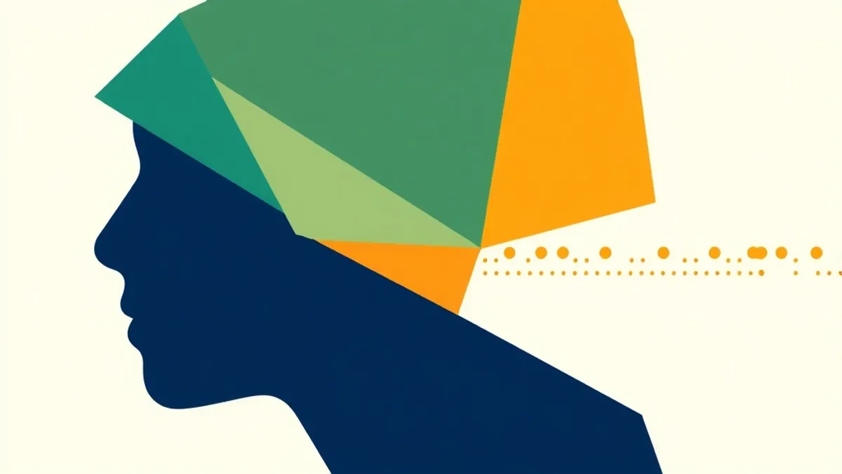 An abstract profile silhouette composed of geometric shapes with a timeline of dots stretching behind it — illustration for Who Is DPAPA? The Vendor Behind CommissionOS