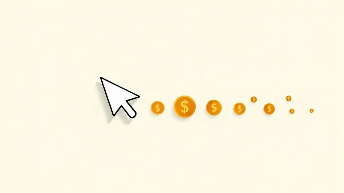 A single cursor-click symbol splitting into a thin stream of small coins — illustration for What Is EPC in CPA Marketing? How to Read Offer Stats
