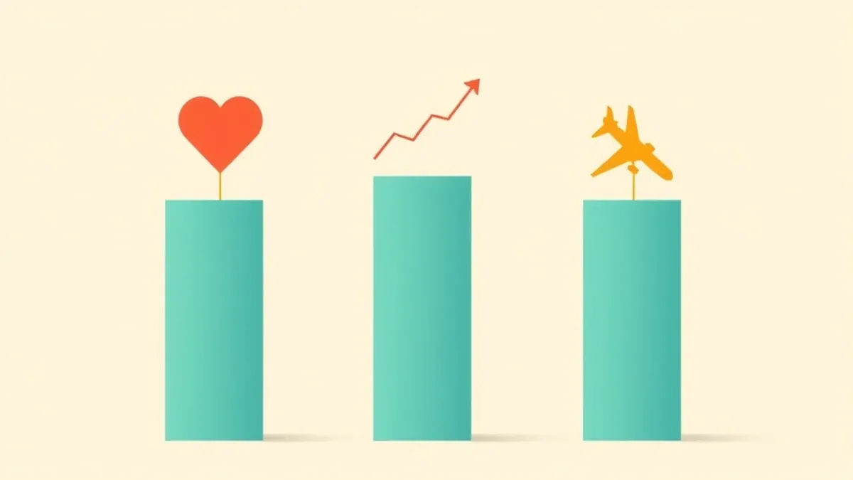 Three vertical columns of different heights topped with distinct symbolic shapes — illustration for High-Paying CPA Verticals: Dating, Forex and Travel Compared