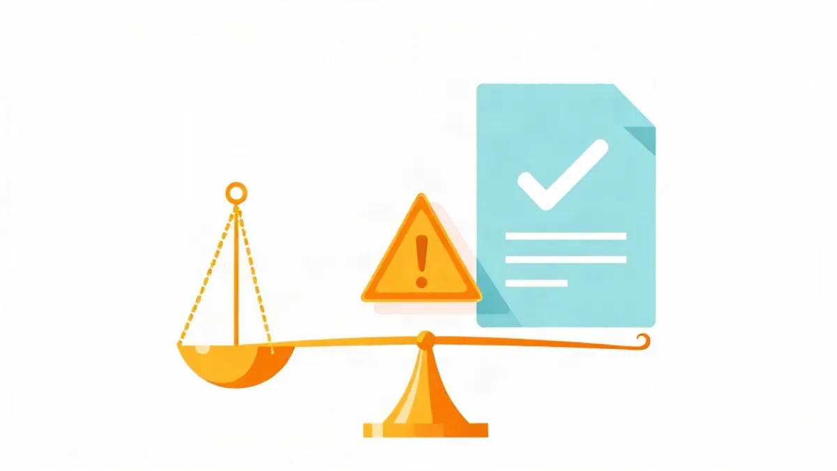 A balanced scale beside a document panel with a checkmark badge and a small warning triangle — illustration for Is CPA Marketing Legal? Disclosure Rules and What Gets You Banned